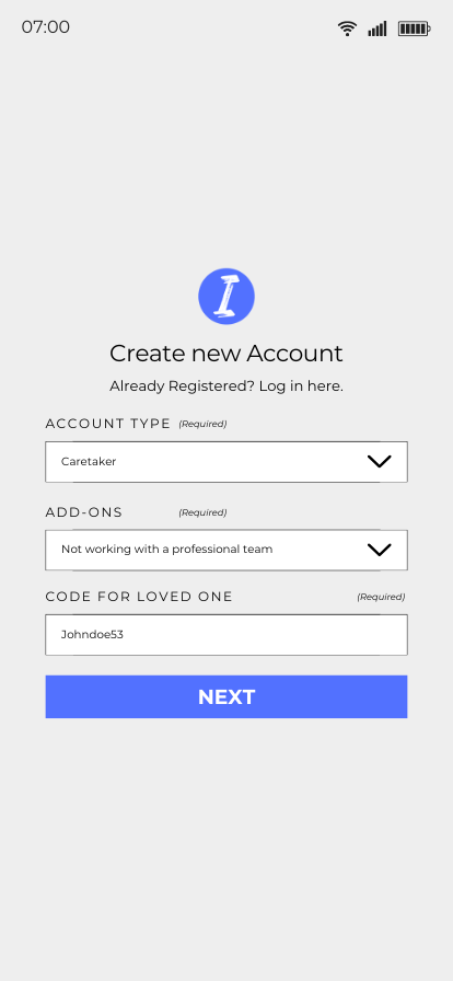  Careteker User Sign-up <br> with no Pro Team