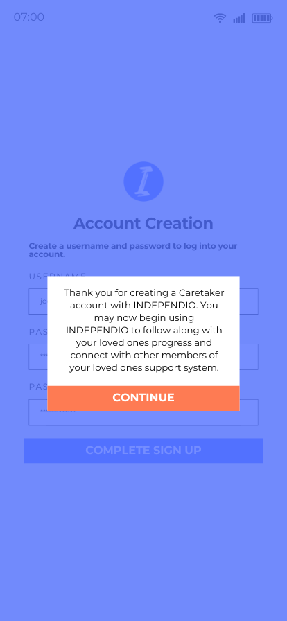  Careteker User Sign-up <br> with no Pro Team